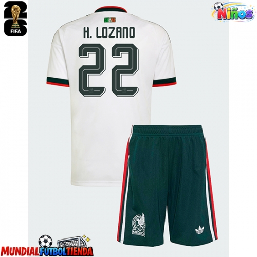 Camiseta México Hirving Lozano #22 Segunda Equipación Replica Mundial 2026 para niños mangas cortas (+ Pantalones cortos)